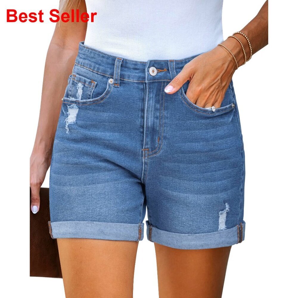 Stretchy High Waisted Ripped Denim Shorts with Pockets